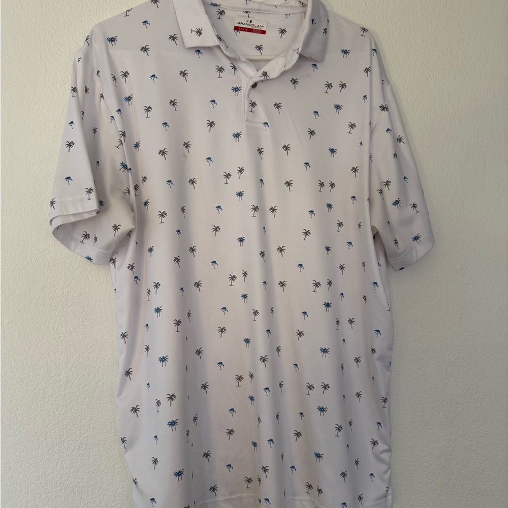 Grand Slam White Golf Polo with Palm Tree Pattern